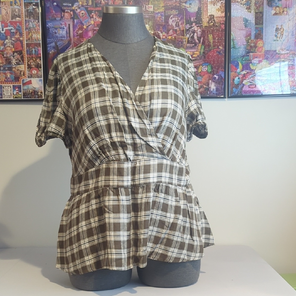 Lane Bryant Green and White Plaid V-Neck Blouse